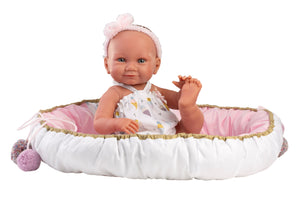 Llorens 15.7" Anatomically-Correct Newborn Doll Estefania with Portable Baby Bed